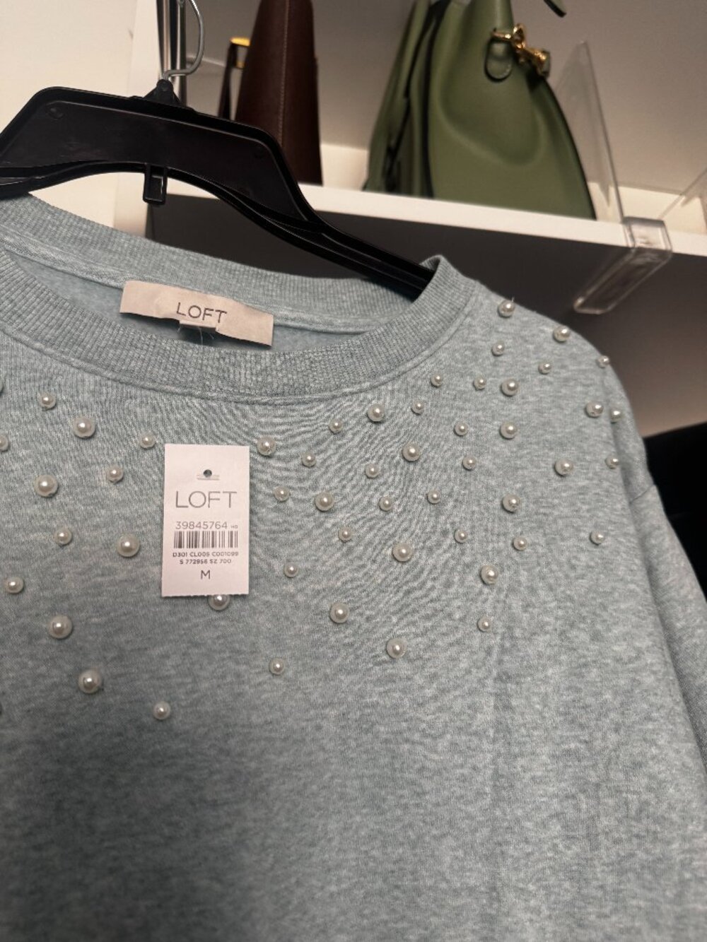 NWT LOFT Pearl Embellished Crewneck Sweatshirt Heather Sage Green Blouson Sleeve